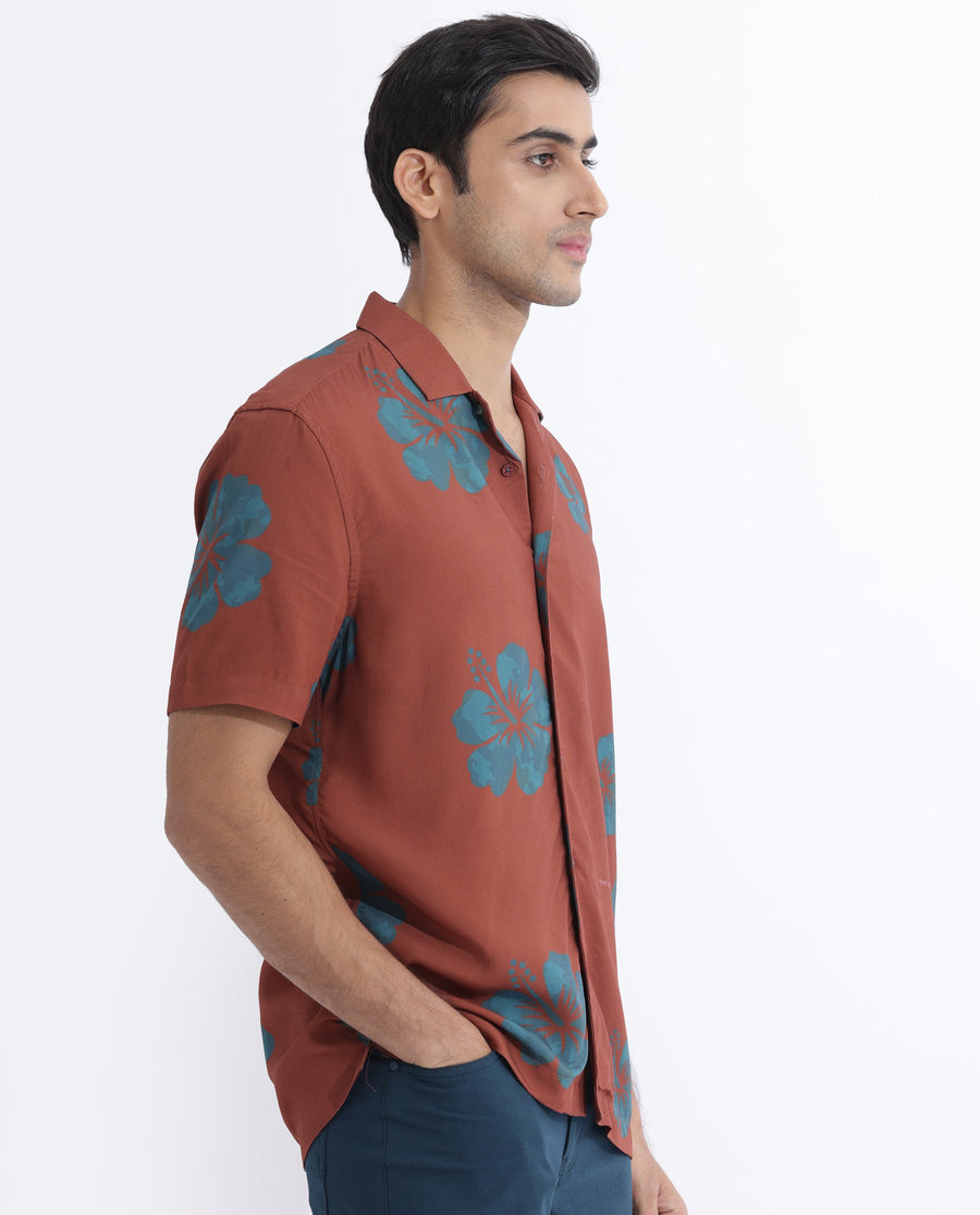 Rare Rabbit Men's Bronzac Brown Viscose Floral Print Regular Fit Half Sleeve Cuban Collar Shirt