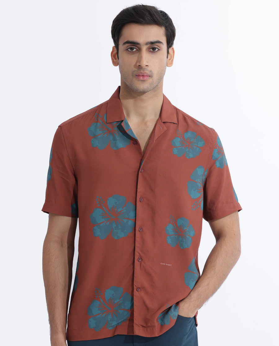 Rare Rabbit Men's Bronzac Brown Viscose Floral Print Regular Fit Half Sleeve Cuban Collar Shirt