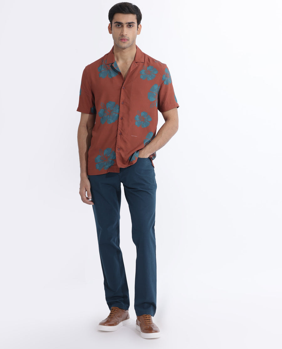 Rare Rabbit Men's Bronzac Brown Viscose Floral Print Regular Fit Half Sleeve Cuban Collar Shirt
