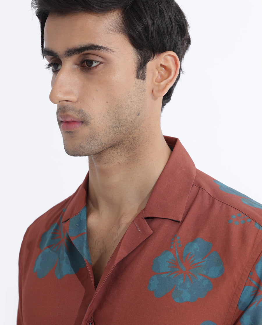Rare Rabbit Men's Bronzac Brown Viscose Floral Print Regular Fit Half Sleeve Cuban Collar Shirt