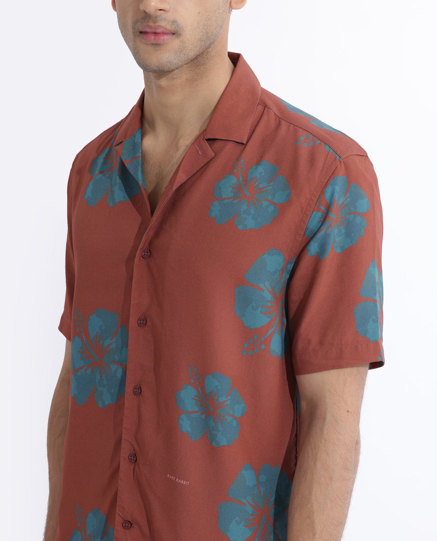 Rare Rabbit Men's Bronzac Brown Viscose Floral Print Regular Fit Half Sleeve Cuban Collar Shirt