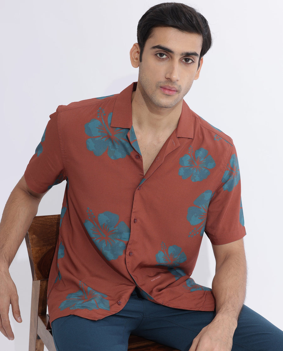 Rare Rabbit Men's Bronzac Brown Viscose Floral Print Regular Fit Half Sleeve Cuban Collar Shirt