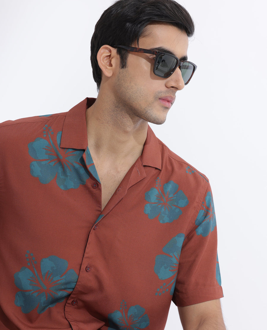 Rare Rabbit Men's Bronzac Brown Viscose Floral Print Regular Fit Half Sleeve Cuban Collar Shirt