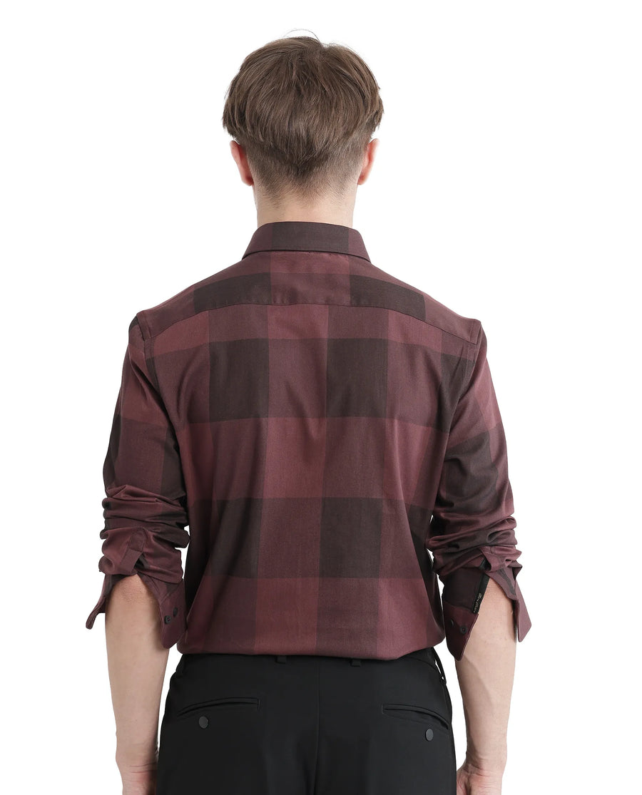 Rare Rabbit Men's Bruce Maroon Cotton Blend Checked Print Regular Fit Full Sleeve Collared Shirt