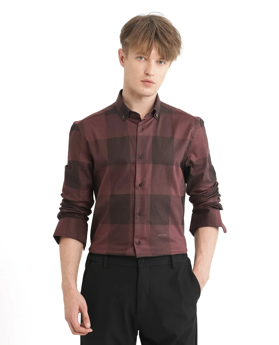 Rare Rabbit Men's Bruce Maroon Cotton Blend Checked Print Regular Fit Full Sleeve Collared Shirt