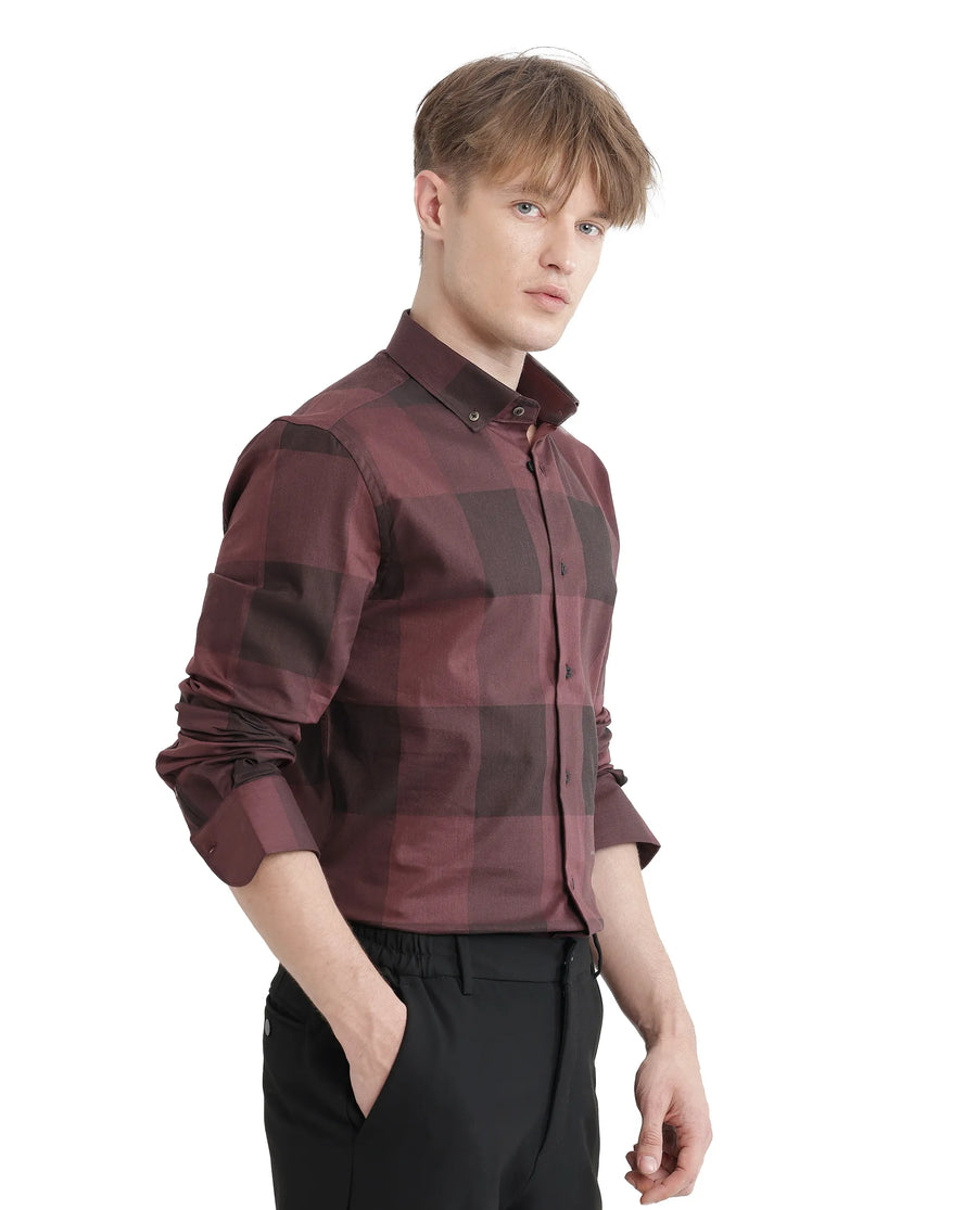 Rare Rabbit Men's Bruce Maroon Cotton Blend Checked Print Regular Fit Full Sleeve Collared Shirt