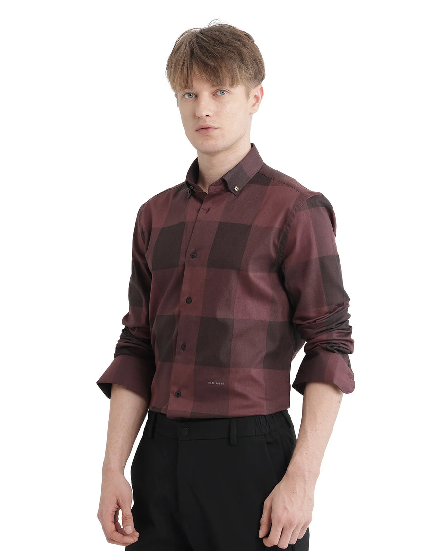 Rare Rabbit Men's Bruce Maroon Cotton Blend Checked Print Regular Fit Full Sleeve Collared Shirt
