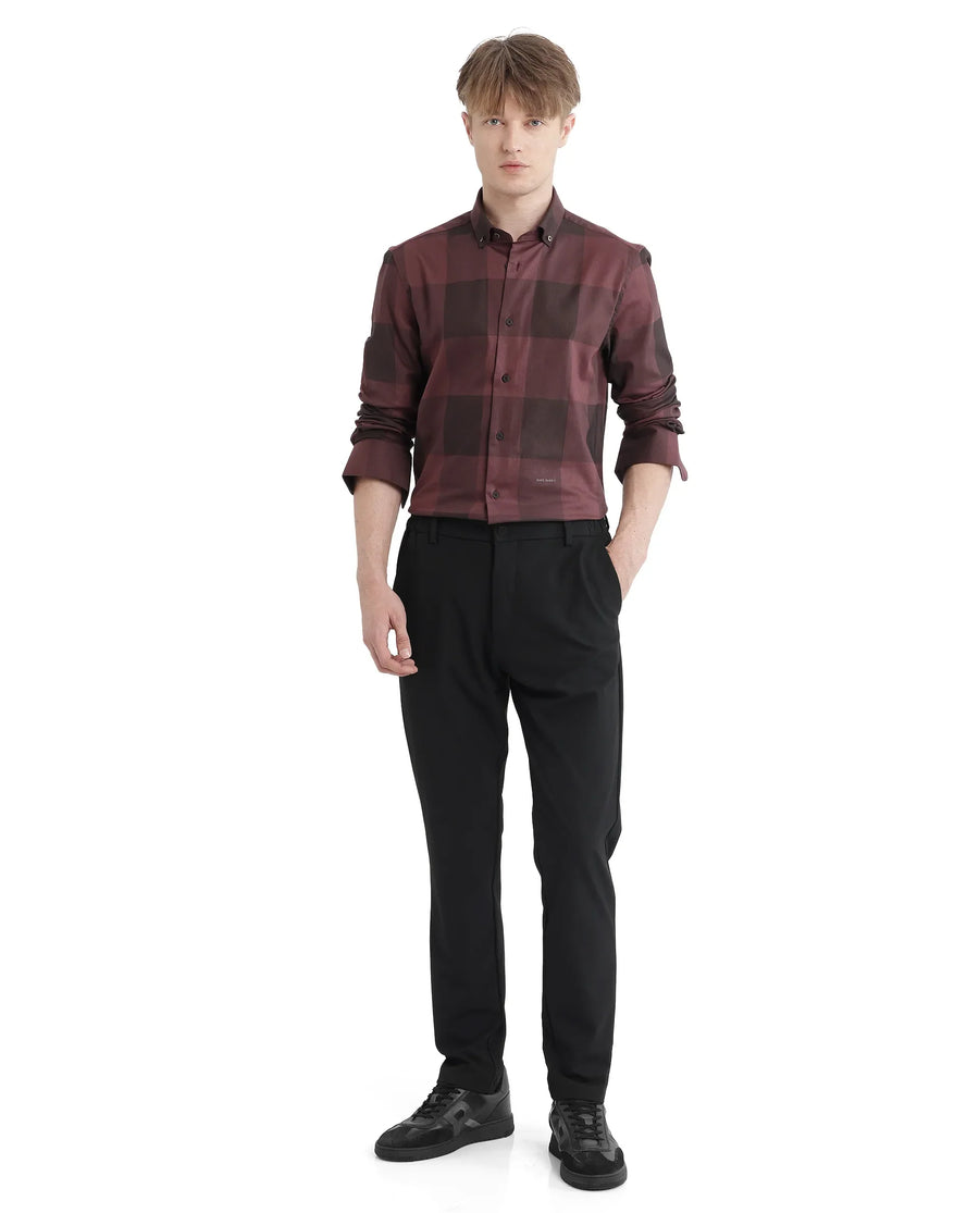 Rare Rabbit Men's Bruce Maroon Cotton Blend Checked Print Regular Fit Full Sleeve Collared Shirt