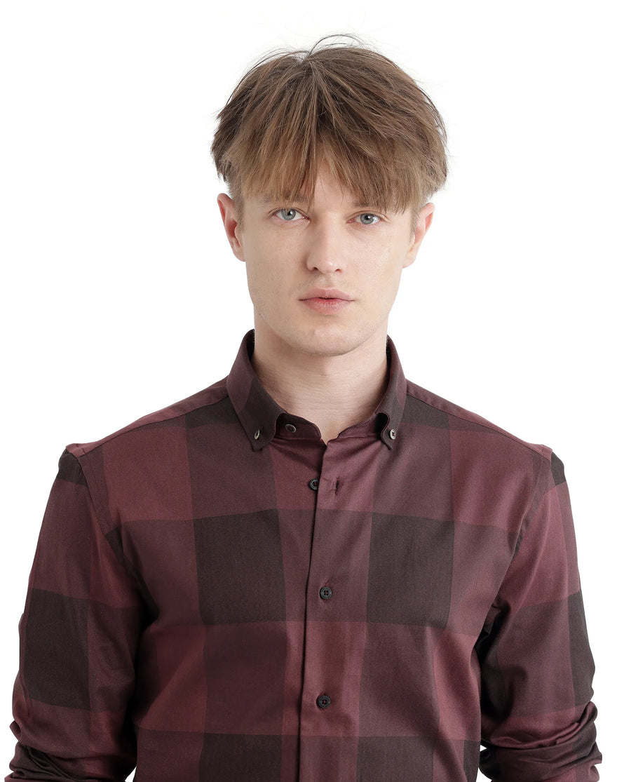 Rare Rabbit Men's Bruce Maroon Cotton Blend Checked Print Regular Fit Full Sleeve Collared Shirt