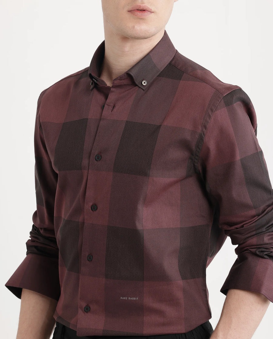 Rare Rabbit Men's Bruce Maroon Cotton Blend Checked Print Regular Fit Full Sleeve Collared Shirt