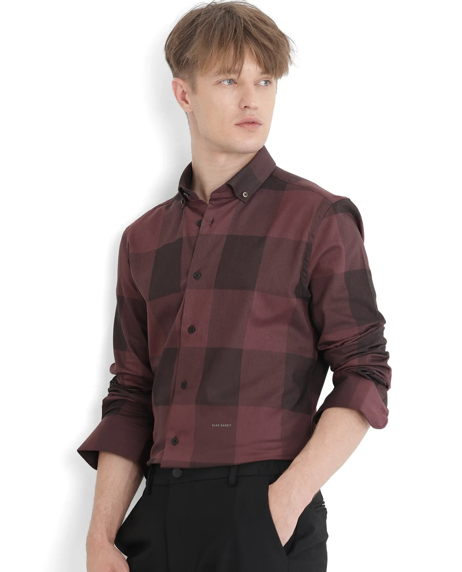 Rare Rabbit Men's Bruce Maroon Cotton Blend Checked Print Regular Fit Full Sleeve Collared Shirt