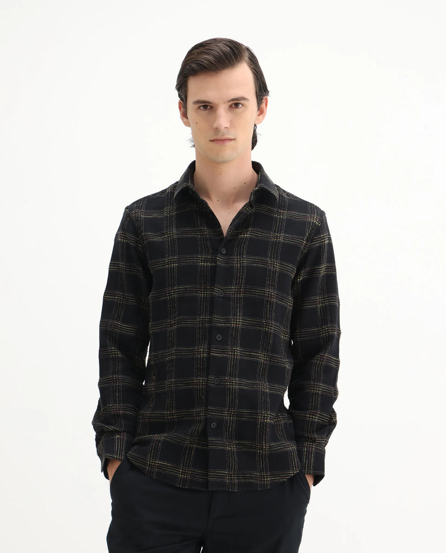 Rare Rabbit Men's Brule Black Cotton Blend Checked Print Regular Fit Full Sleeve Collared Shirt