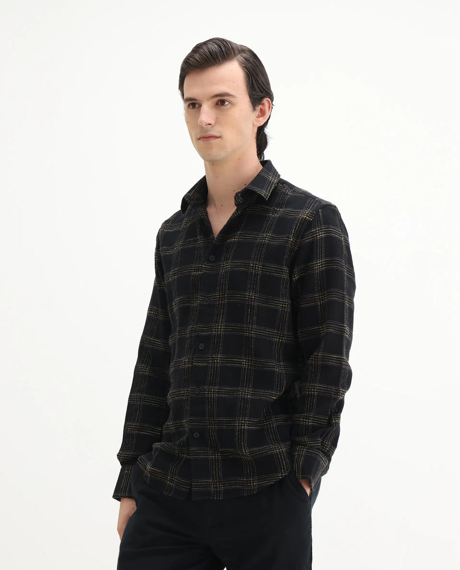 Rare Rabbit Men's Brule Black Cotton Blend Checked Print Regular Fit Full Sleeve Collared Shirt