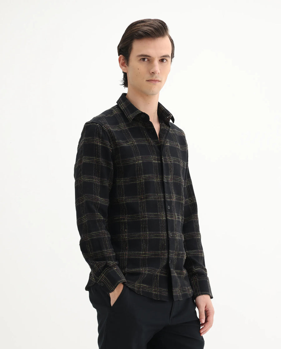 Rare Rabbit Men's Brule Black Cotton Blend Checked Print Regular Fit Full Sleeve Collared Shirt