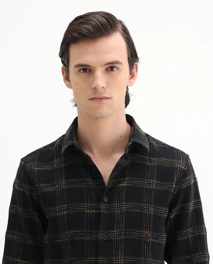 Rare Rabbit Men's Brule Black Cotton Blend Checked Print Regular Fit Full Sleeve Collared Shirt