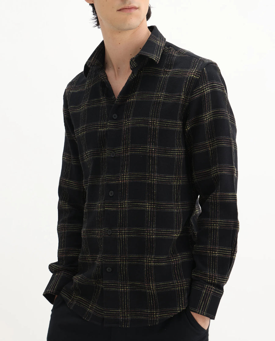 Rare Rabbit Men's Brule Black Cotton Blend Checked Print Regular Fit Full Sleeve Collared Shirt