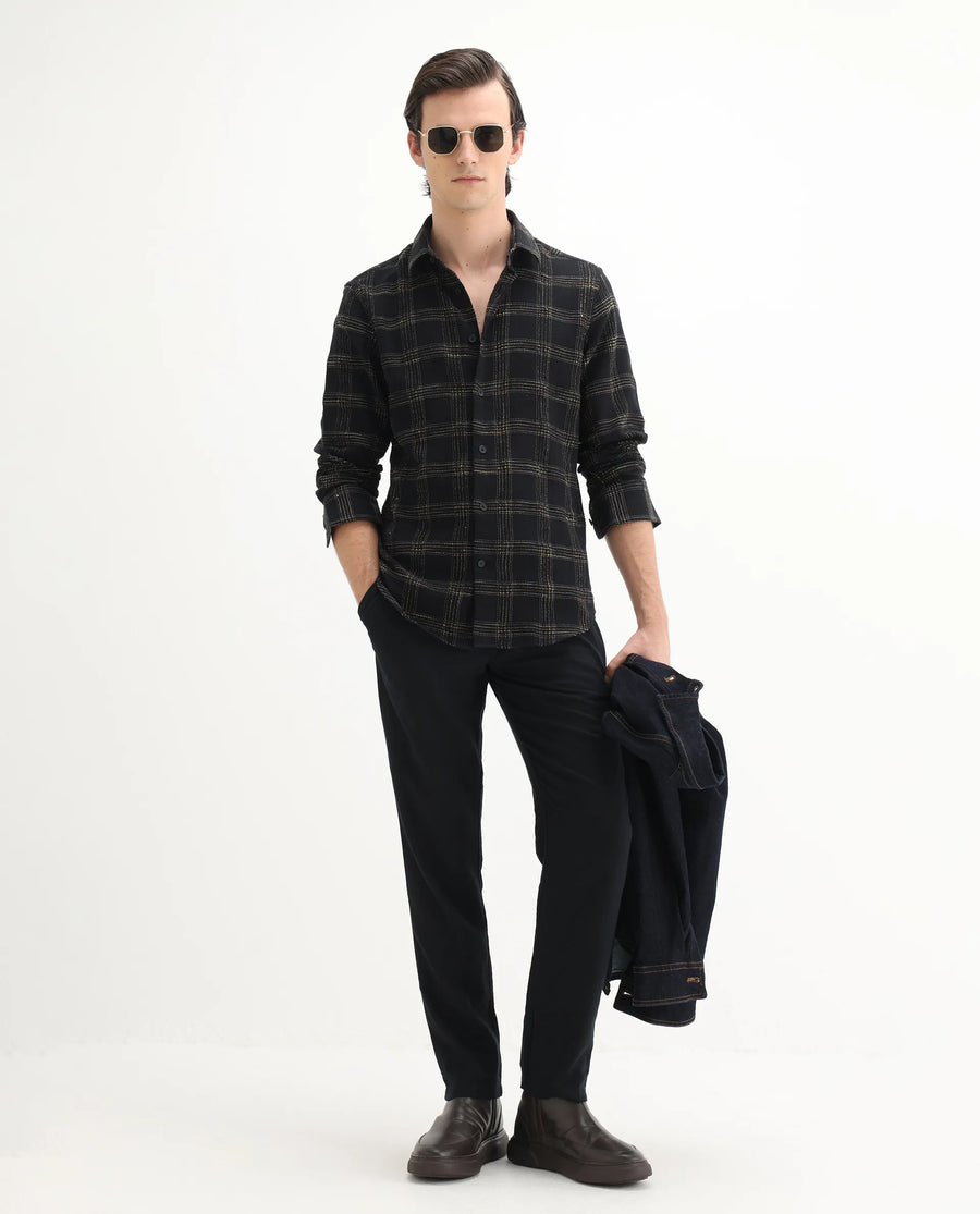 Rare Rabbit Men's Brule Black Cotton Blend Checked Print Regular Fit Full Sleeve Collared Shirt
