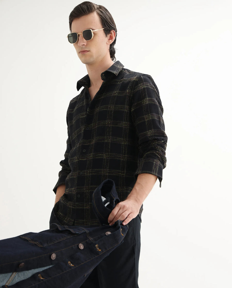 Rare Rabbit Men's Brule Black Cotton Blend Checked Print Regular Fit Full Sleeve Collared Shirt