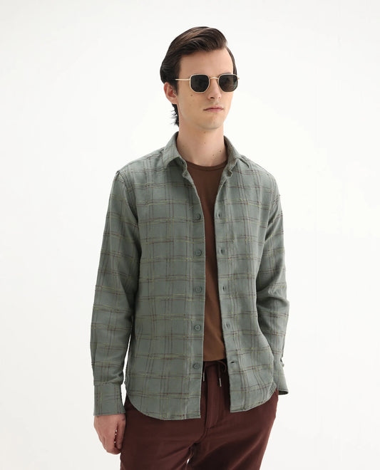 Rare Rabbit Men's Brule Green Cotton Blend Checked Print Regular Fit Full Sleeve Collared Shirt