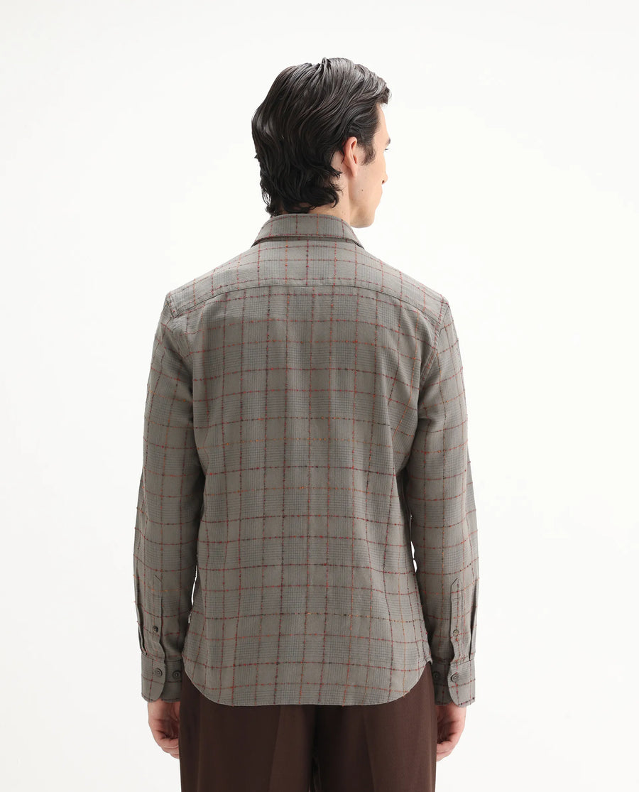 Rare Rabbit Men's Brule Grey Cotton Blend Checked Print Regular Fit Full Sleeve Collared Shirt