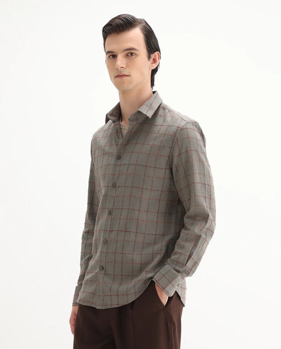 Rare Rabbit Men's Brule Grey Cotton Blend Checked Print Regular Fit Full Sleeve Collared Shirt
