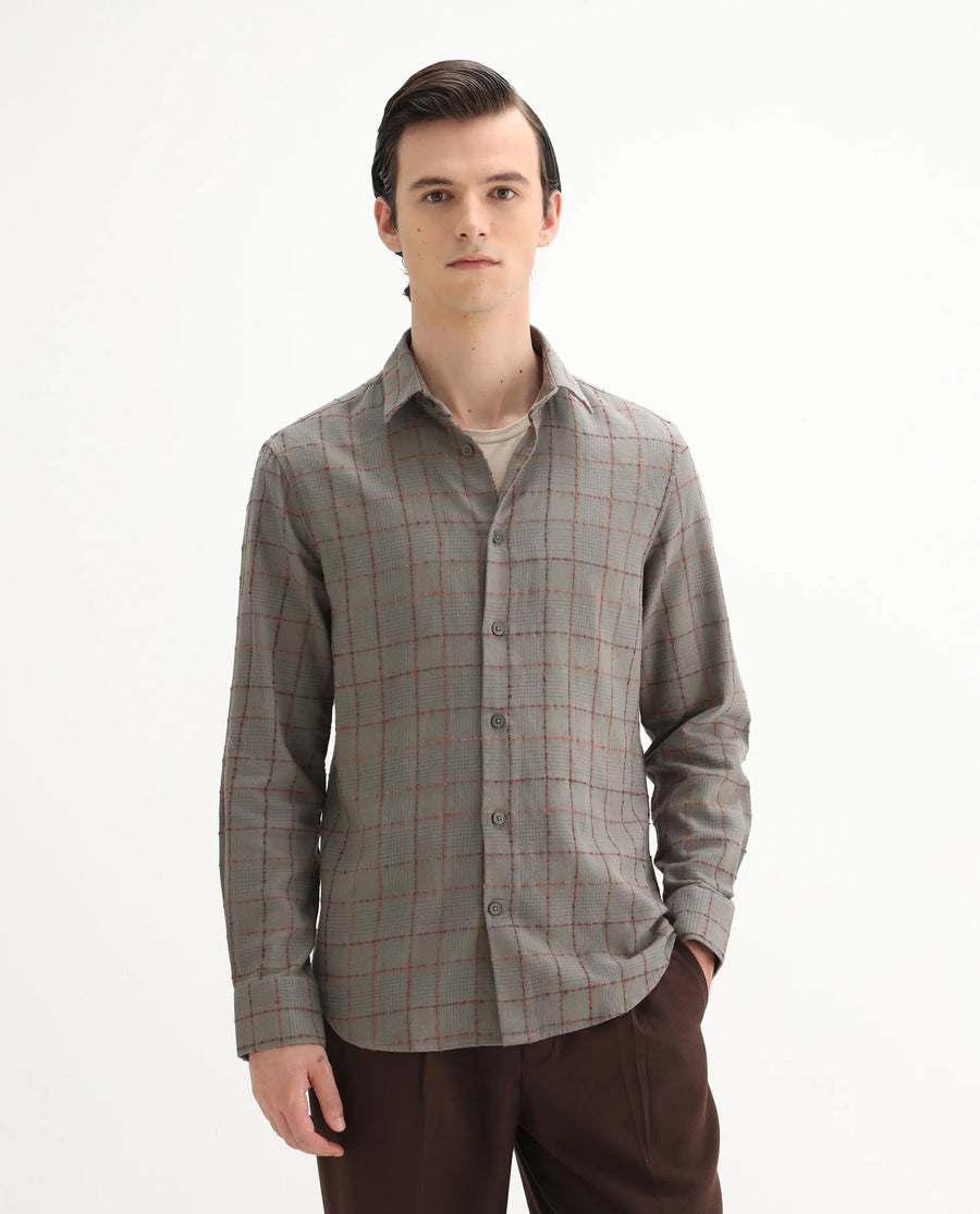 Rare Rabbit Men's Brule Grey Cotton Blend Checked Print Regular Fit Full Sleeve Collared Shirt