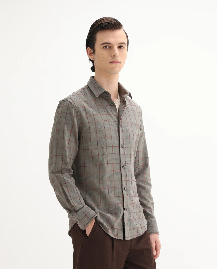 Rare Rabbit Men's Brule Grey Cotton Blend Checked Print Regular Fit Full Sleeve Collared Shirt
