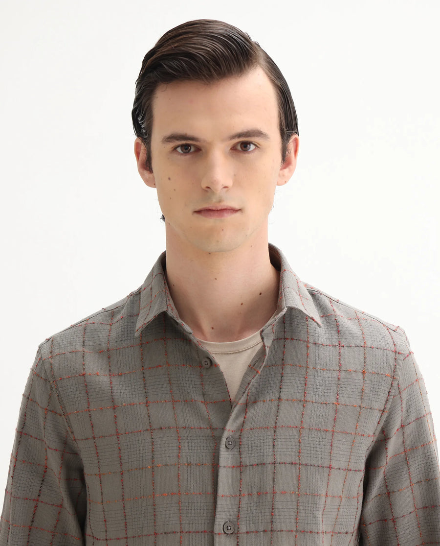 Rare Rabbit Men's Brule Grey Cotton Blend Checked Print Regular Fit Full Sleeve Collared Shirt