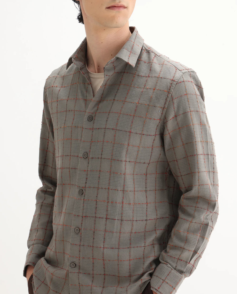 Rare Rabbit Men's Brule Grey Cotton Blend Checked Print Regular Fit Full Sleeve Collared Shirt