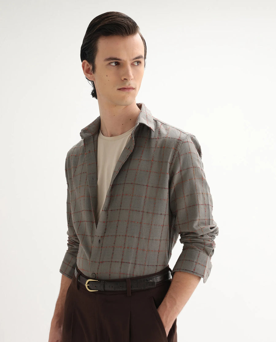 Rare Rabbit Men's Brule Grey Cotton Blend Checked Print Regular Fit Full Sleeve Collared Shirt