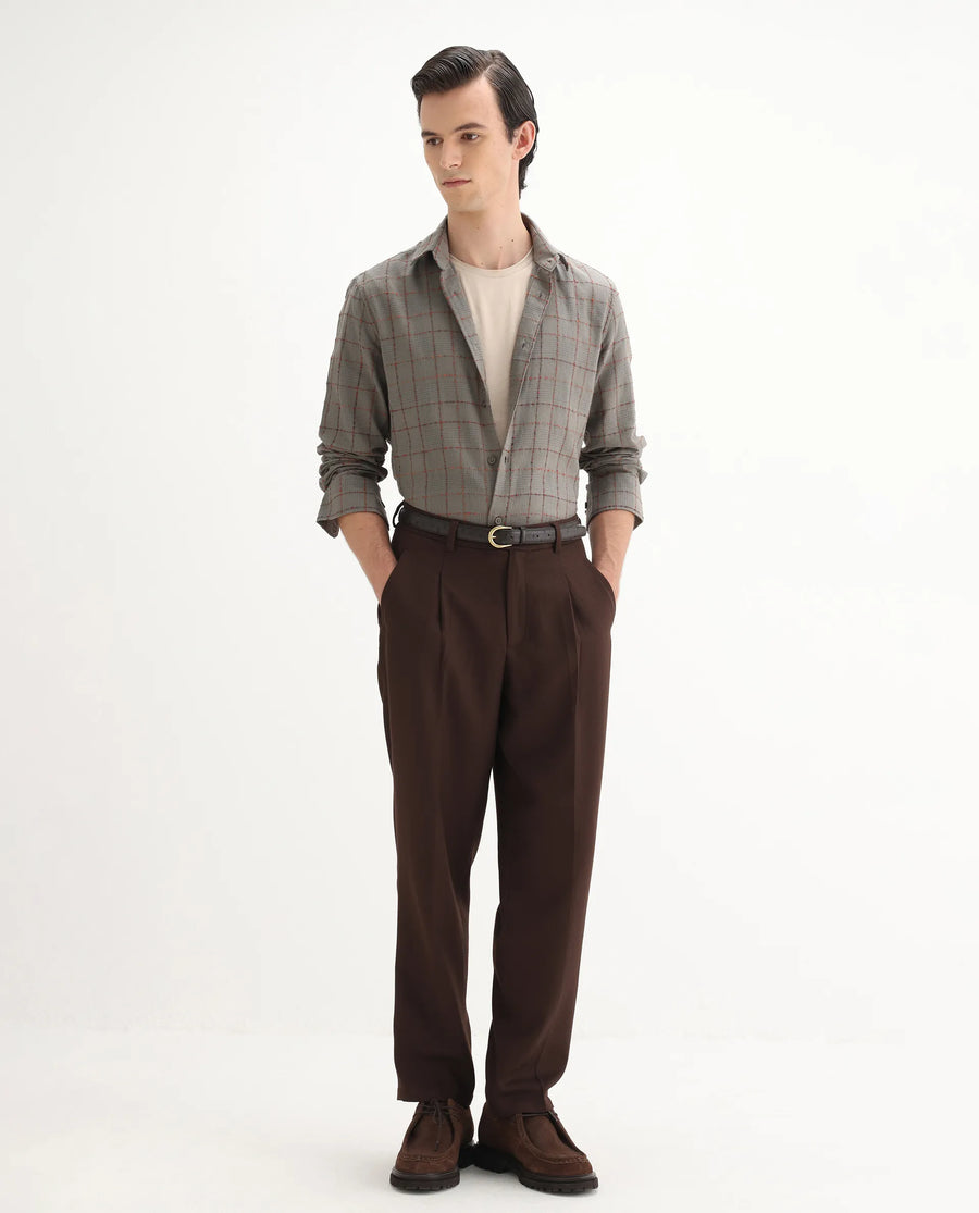 Rare Rabbit Men's Brule Grey Cotton Blend Checked Print Regular Fit Full Sleeve Collared Shirt