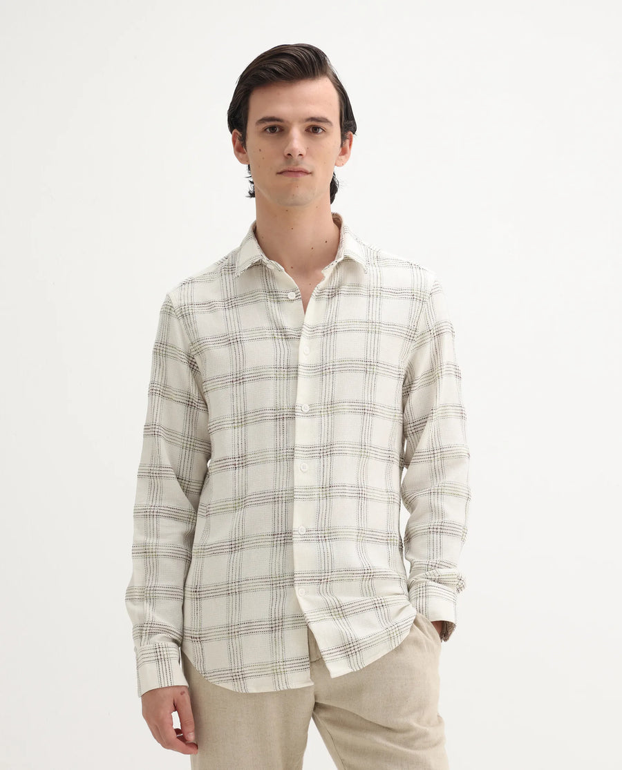 Rare Rabbit Men's Brule White Cotton Blend Checked Print Regular Fit Full Sleeve Collared Shirt