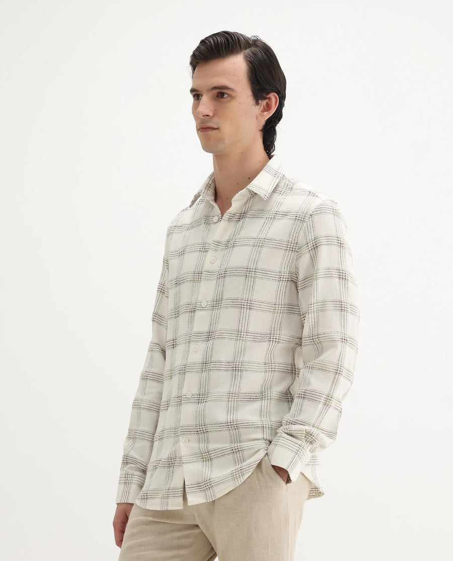 Rare Rabbit Men's Brule White Cotton Blend Checked Print Regular Fit Full Sleeve Collared Shirt