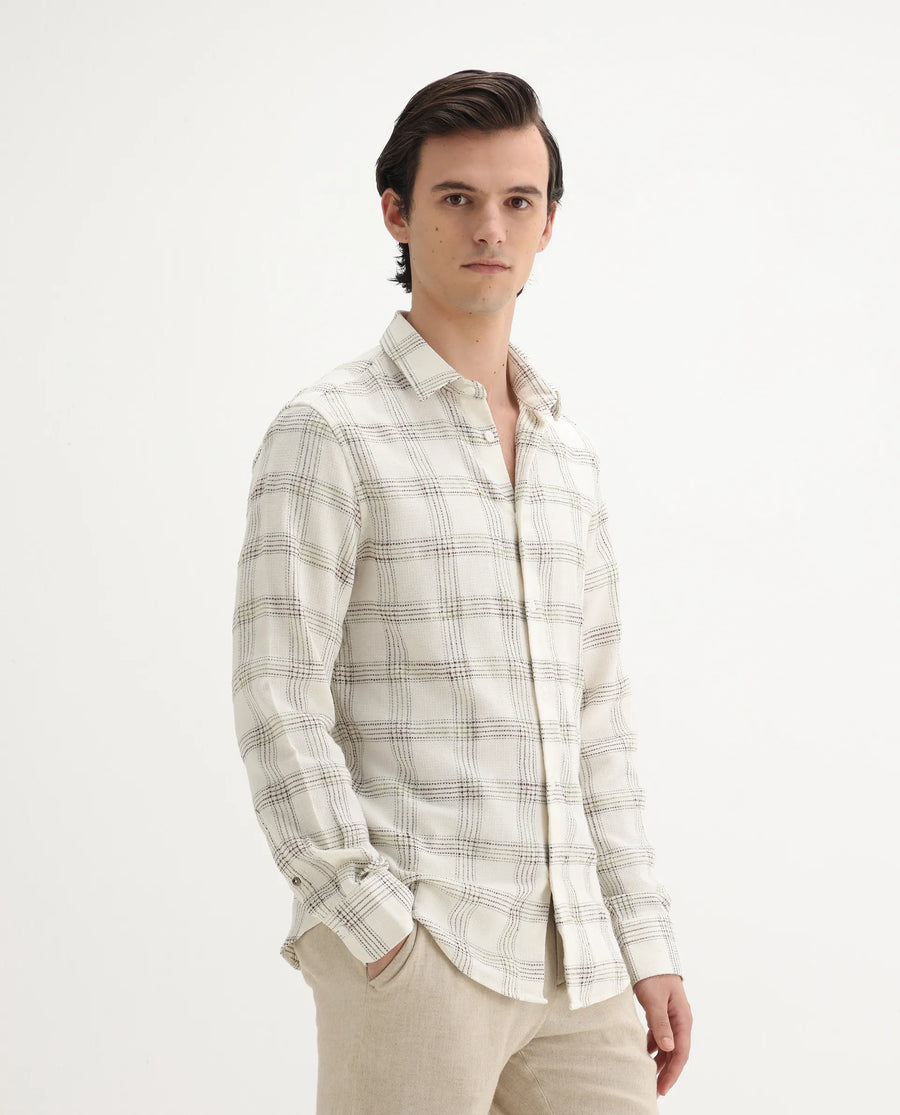 Rare Rabbit Men's Brule White Cotton Blend Checked Print Regular Fit Full Sleeve Collared Shirt