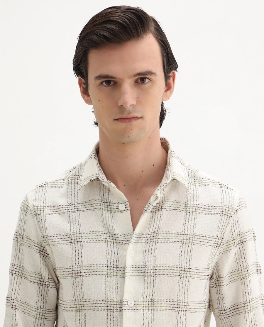 Rare Rabbit Men's Brule White Cotton Blend Checked Print Regular Fit Full Sleeve Collared Shirt
