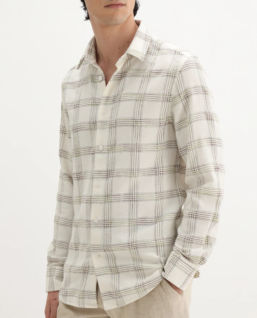 Rare Rabbit Men's Brule White Cotton Blend Checked Print Regular Fit Full Sleeve Collared Shirt