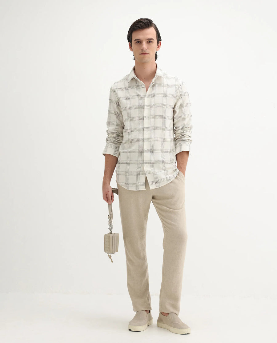 Rare Rabbit Men's Brule White Cotton Blend Checked Print Regular Fit Full Sleeve Collared Shirt