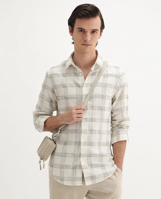 Rare Rabbit Men's Brule White Cotton Blend Checked Print Regular Fit Full Sleeve Collared Shirt