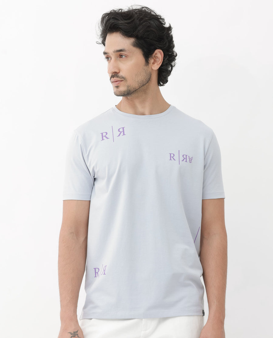 Rare Rabbit Men's Brule Dusky Grey Cotton Blend Graphic Print Regular Fit Half Sleeve Crew Neck T-Shirt