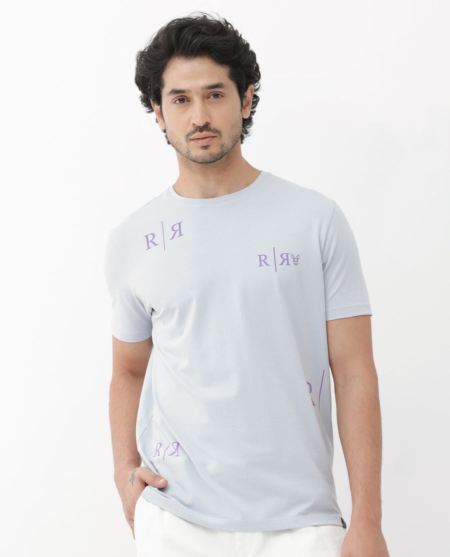 Rare Rabbit Men's Brule Dusky Grey Cotton Blend Graphic Print Regular Fit Half Sleeve Crew Neck T-Shirt
