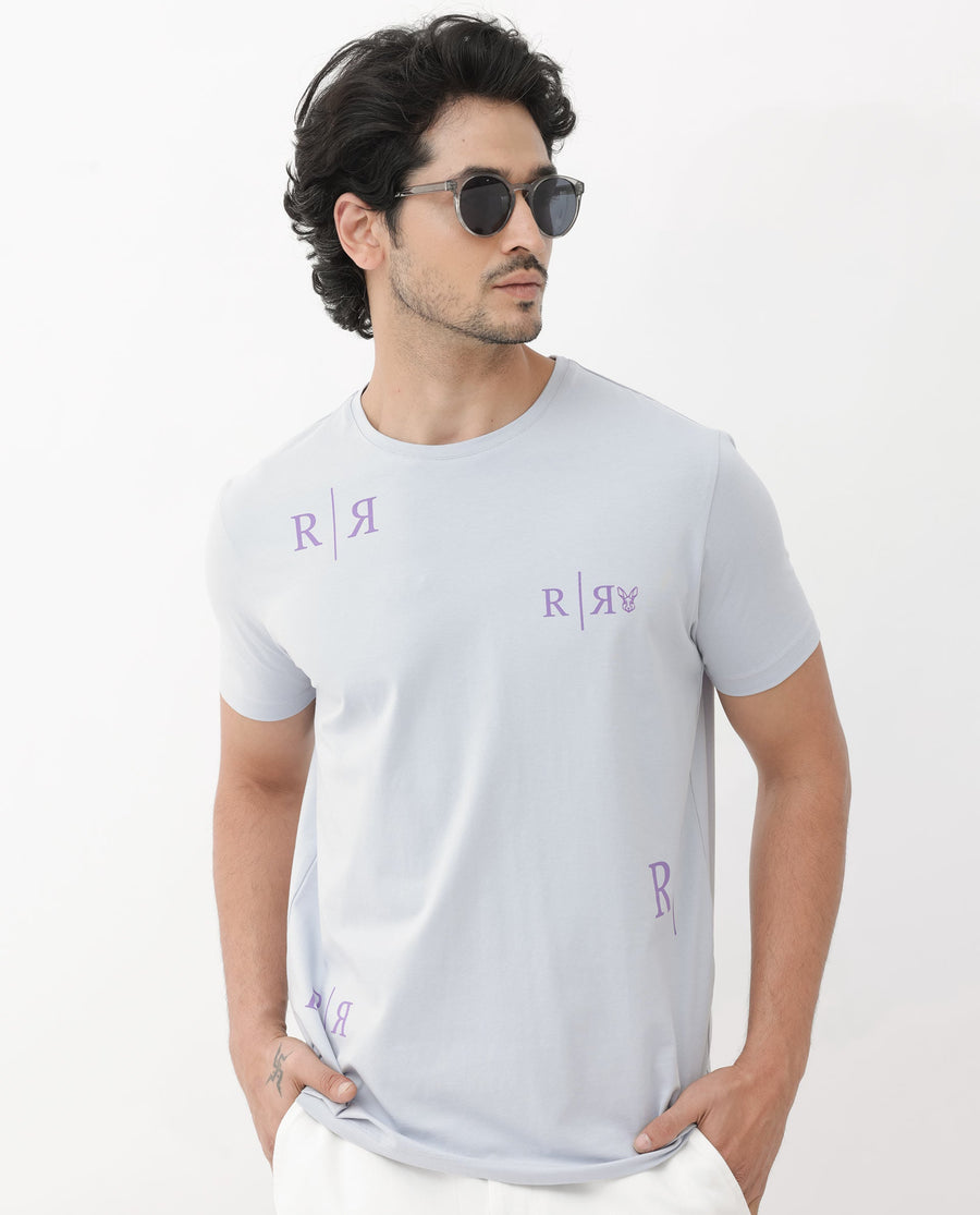 Rare Rabbit Men's Brule Dusky Grey Cotton Blend Graphic Print Regular Fit Half Sleeve Crew Neck T-Shirt