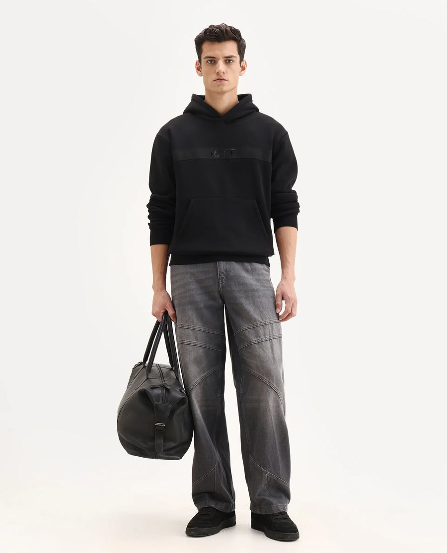 Rare Rabbit Men's Brun Black Cotton Blend Graphic Print Relaxed Fit Full Sleeve Hooded Sweatshirt