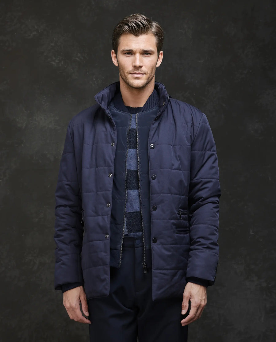 Rare Rabbit Men's Brunel Navy Polyester Plain Regular Fit Full Sleeve High Neck Jacket
