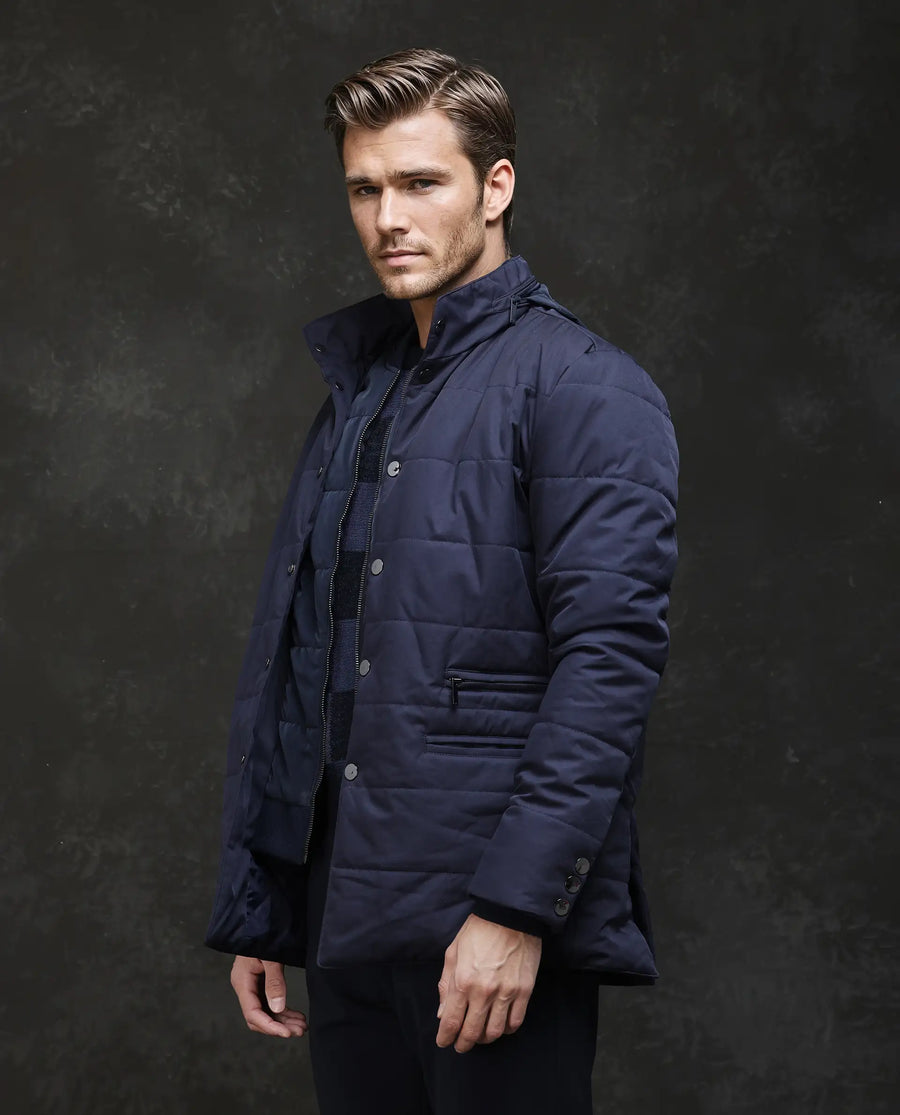 Rare Rabbit Men's Brunel Navy Polyester Plain Regular Fit Full Sleeve High Neck Jacket