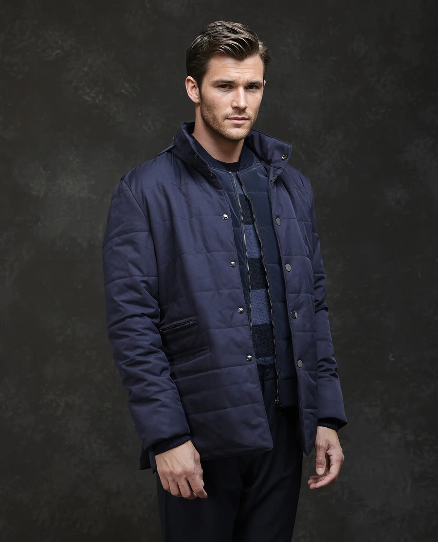 Rare Rabbit Men's Brunel Navy Polyester Plain Regular Fit Full Sleeve High Neck Jacket