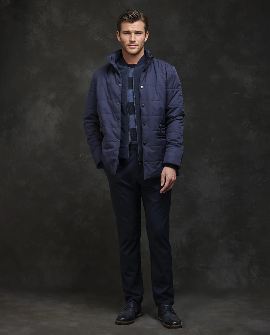 Rare Rabbit Men's Brunel Navy Polyester Plain Regular Fit Full Sleeve High Neck Jacket