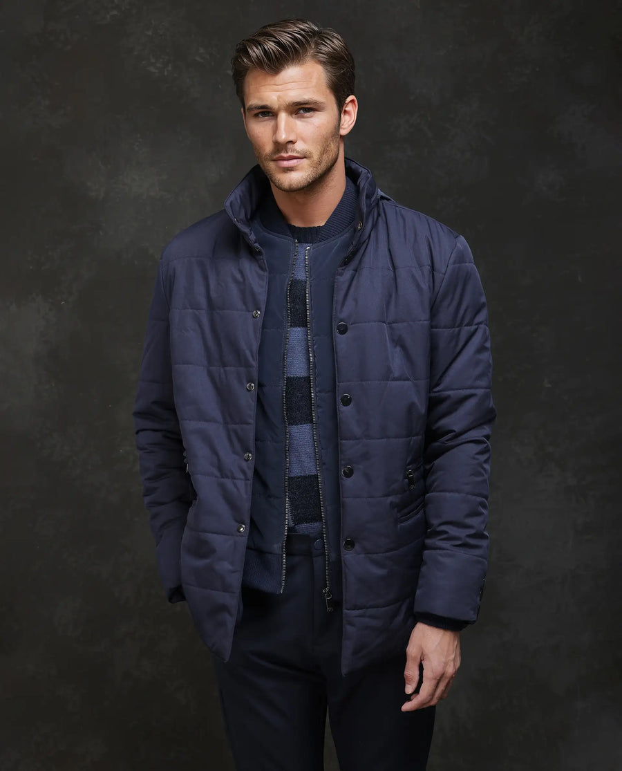 Rare Rabbit Men's Brunel Navy Polyester Plain Regular Fit Full Sleeve High Neck Jacket