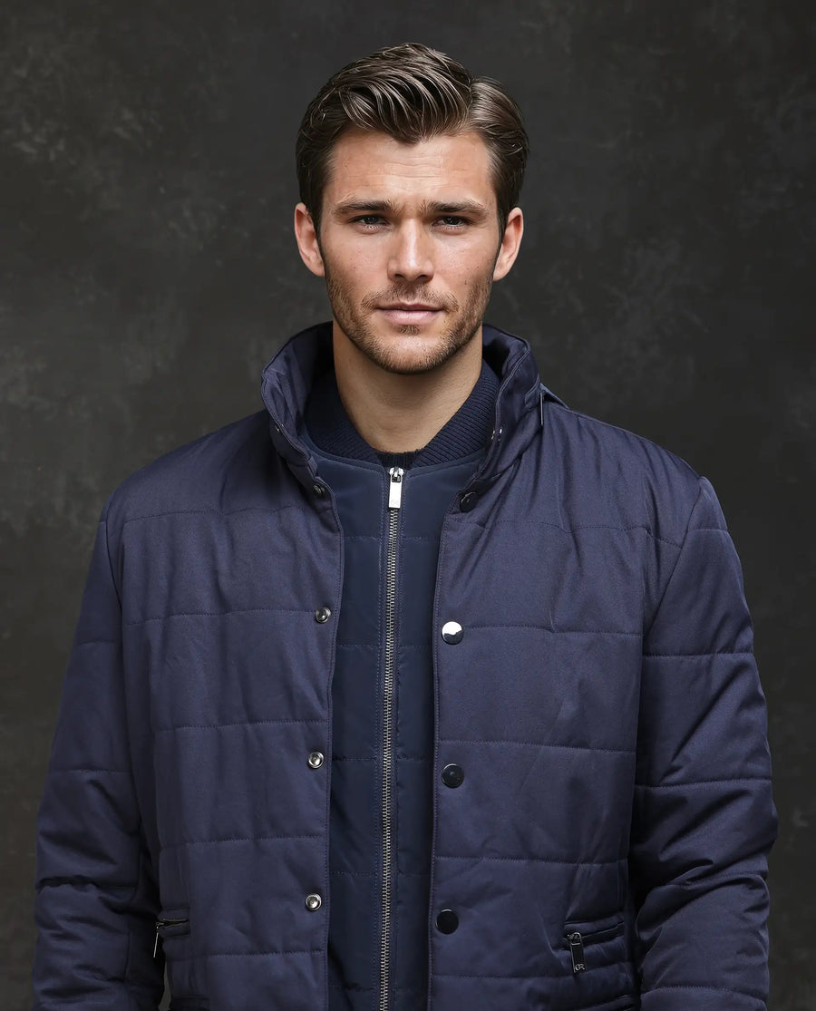 Rare Rabbit Men's Brunel Navy Polyester Plain Regular Fit Full Sleeve High Neck Jacket