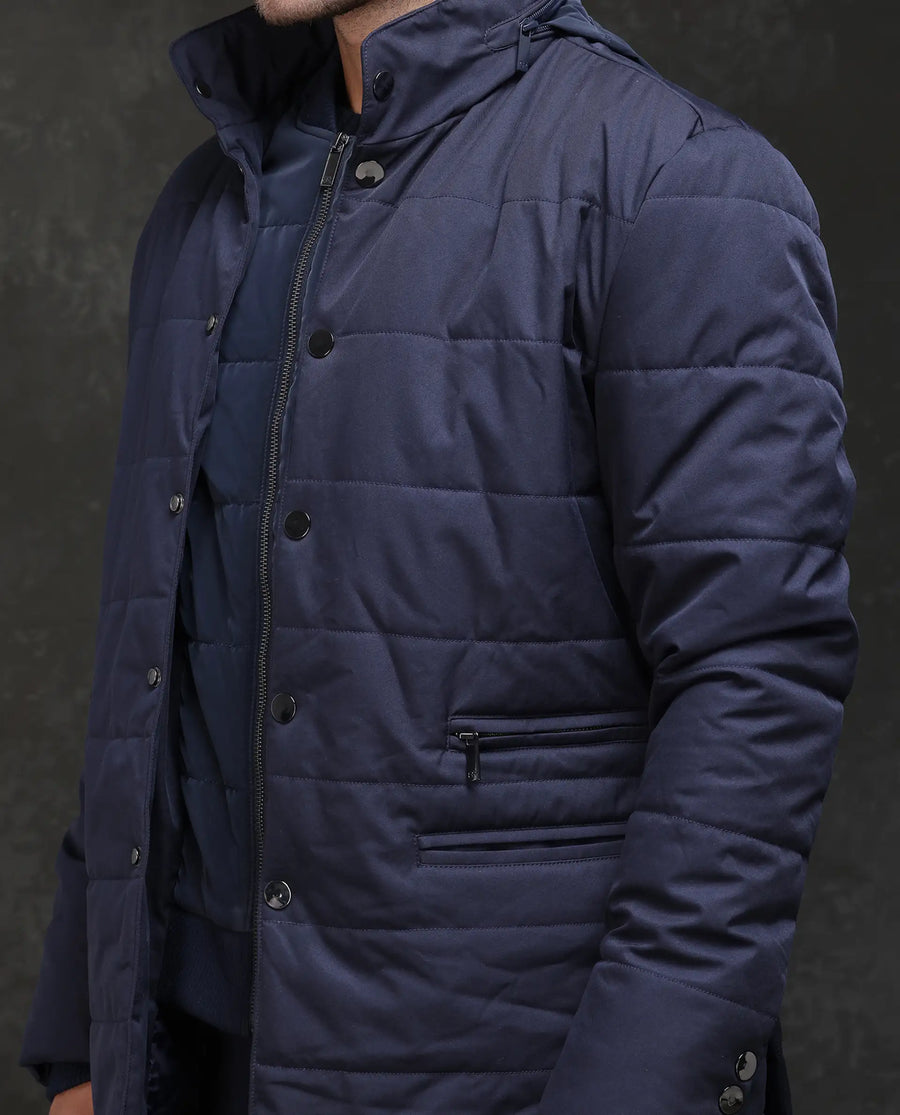 Rare Rabbit Men's Brunel Navy Polyester Plain Regular Fit Full Sleeve High Neck Jacket