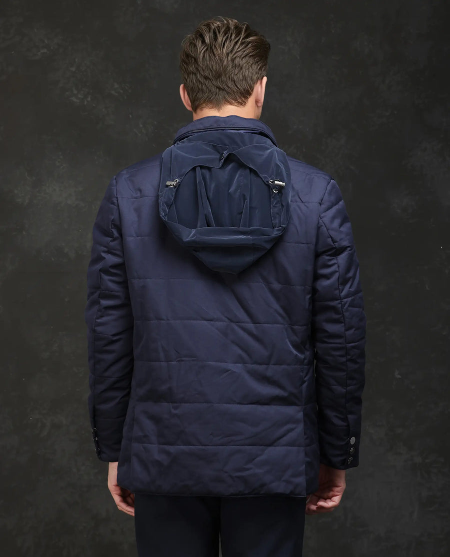 Rare Rabbit Men's Brunel Navy Polyester Plain Regular Fit Full Sleeve High Neck Jacket
